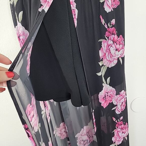 No Boundaries Floral Maxi Romper Sheer Overlay Dress Shorts L Adjustable Straps - Picture 7 of 12